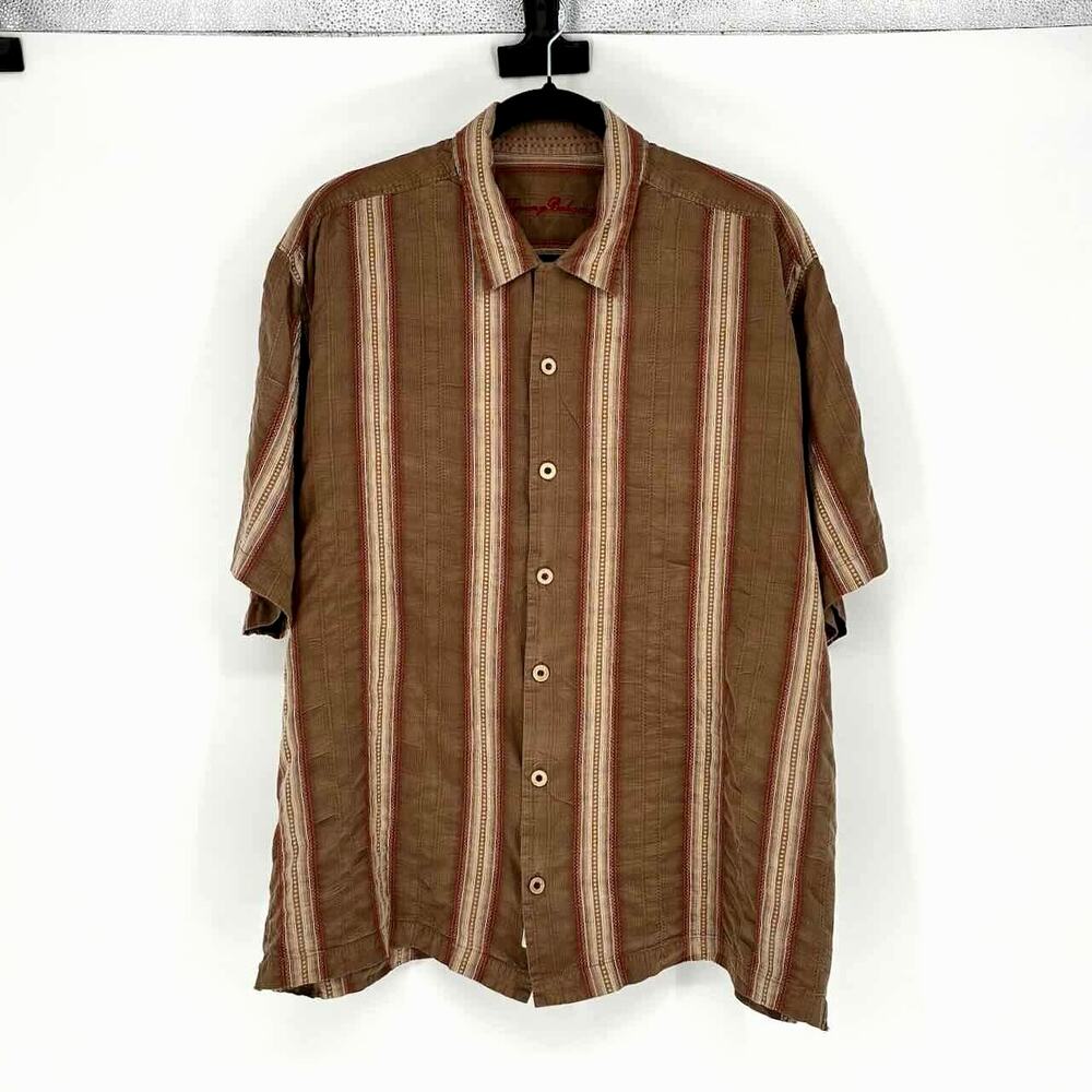 Men's Brown with Tan & Red Stripes Silk Short Sleeve Button-Up Shirt - Size XL